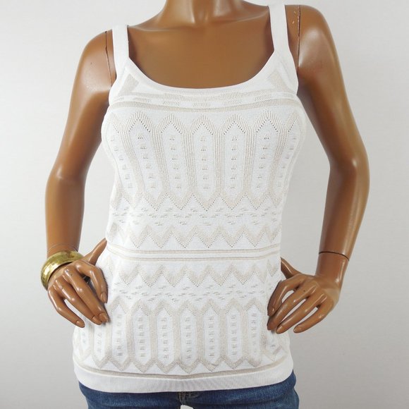 WHITE HOUSE BLACK MARKET Top L Stretch Knit Tank Shirt Ivory/Tan Sleeveless - Picture 3 of 10